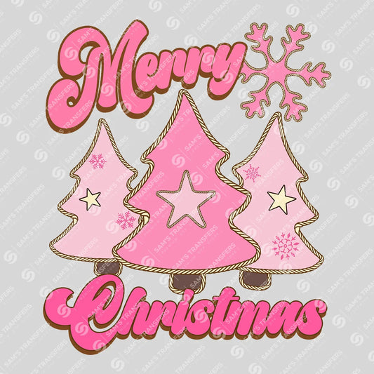 Apparel featuring a Merry Christmas Pink Trees-themed DTF transfer.