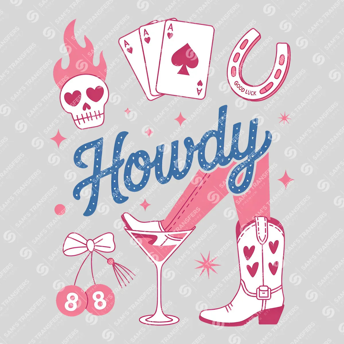 Apparel featuring a Howdy Lucky Collage-themed DTF transfer.