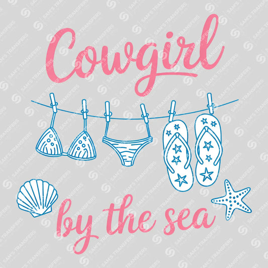 Apparel featuring a Cowgirl by the Sea Bikini-themed DTF transfer.