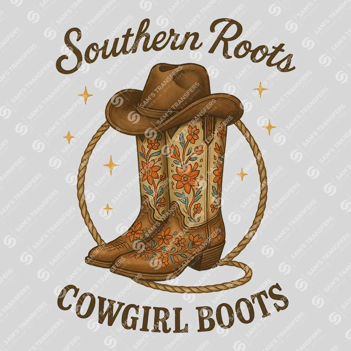 Apparel featuring a Southern Roots Cowgirl Boots-themed DTF transfer.