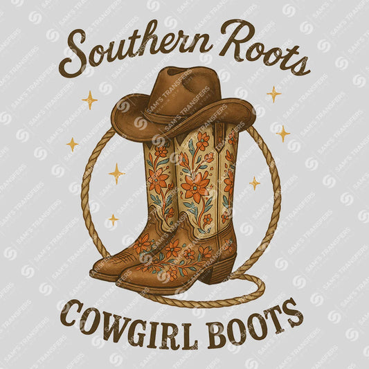 Apparel featuring a Southern Roots Cowgirl Boots-themed DTF transfer.