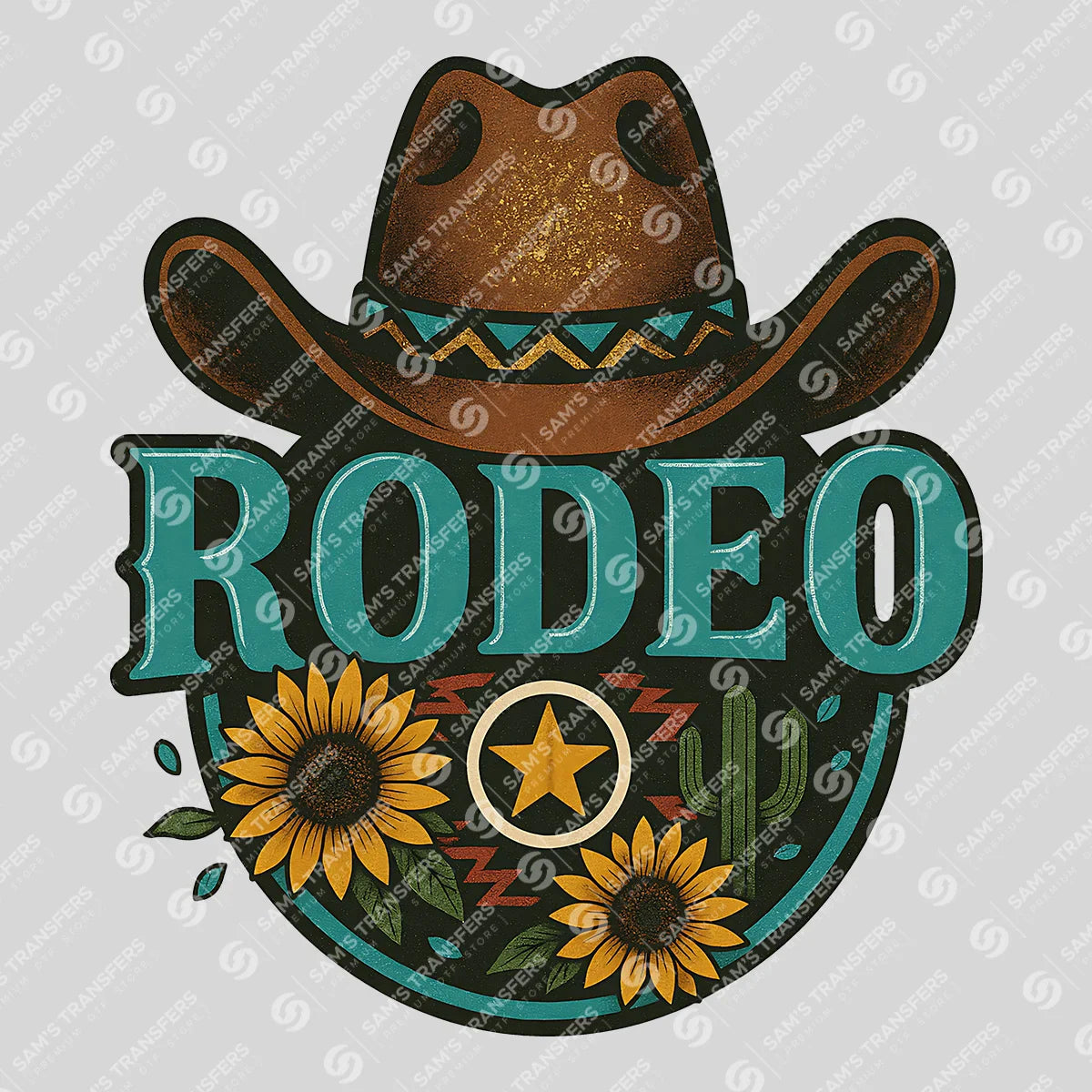 Apparel featuring a Rodeo Sunflower Badge-themed DTF transfer.