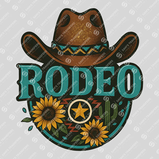 Apparel featuring a Rodeo Sunflower Badge-themed DTF transfer.