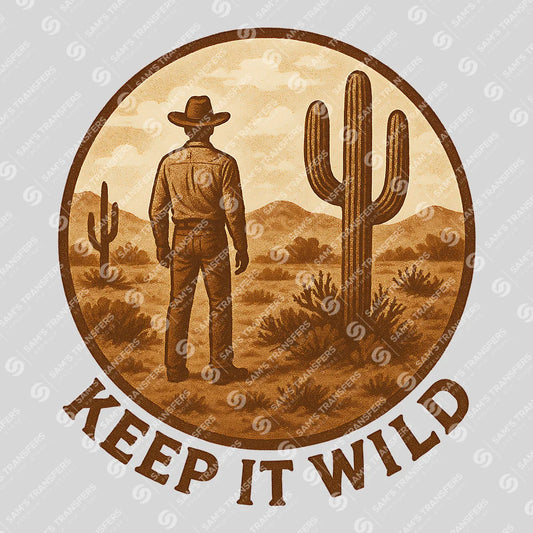 Apparel featuring a Keep It Wild Cowboy-themed DTF transfer.
