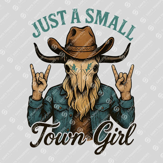Apparel featuring a Just a Small Town Girl-themed DTF transfer.