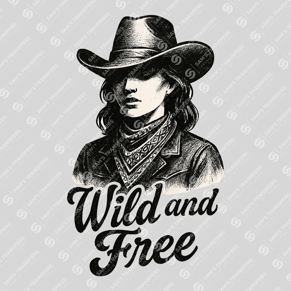 Apparel featuring a Wild and Free Cowgirl-themed DTF transfer.