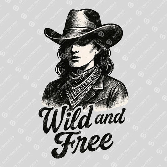 Apparel featuring a Wild and Free Cowgirl-themed DTF transfer.