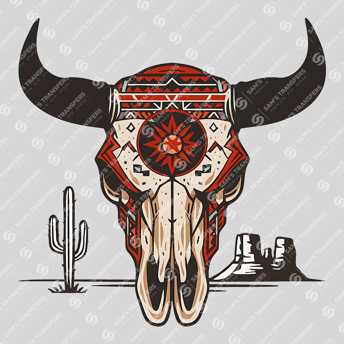 Apparel featuring a Aztec Bull Skull Desert-themed DTF transfer.