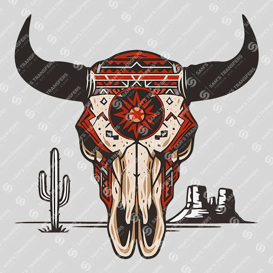 Apparel featuring a Aztec Bull Skull Desert-themed DTF transfer.
