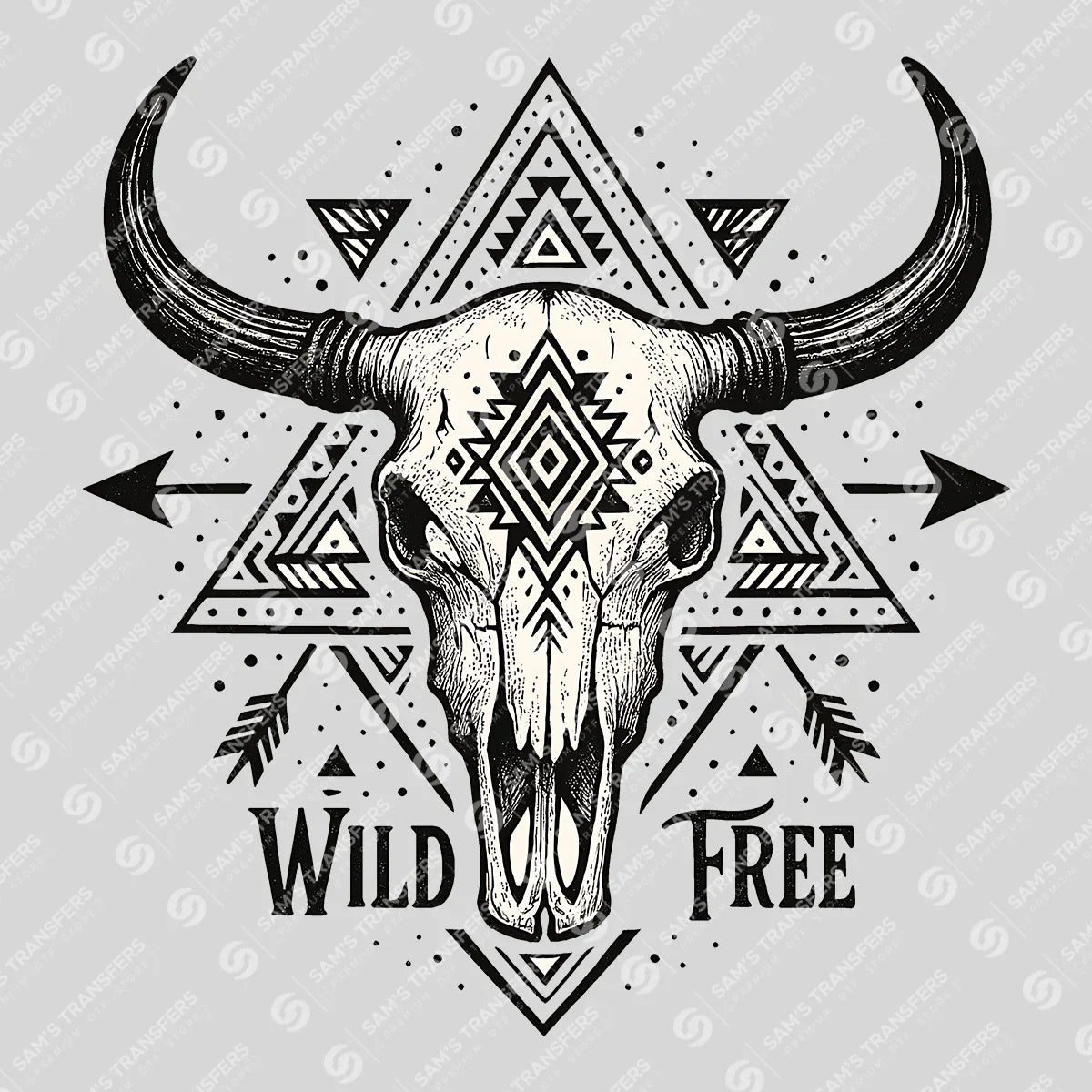 Apparel featuring a Wild Free Bull Skull-themed DTF transfer.