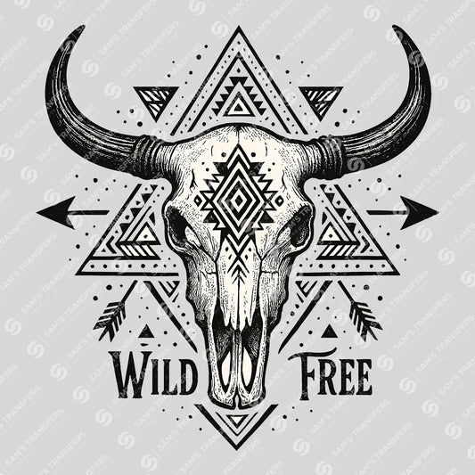 Apparel featuring a Wild Free Bull Skull-themed DTF transfer.