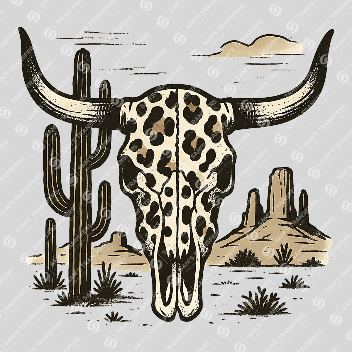 Apparel featuring a Leopard Longhorn Desert-themed DTF transfer.
