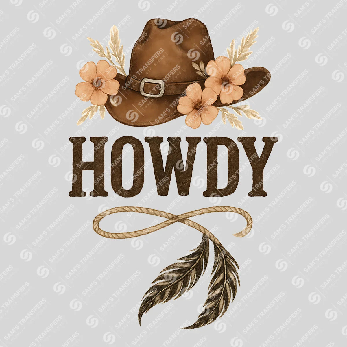 Apparel featuring a Howdy Floral Hat-themed DTF transfer.