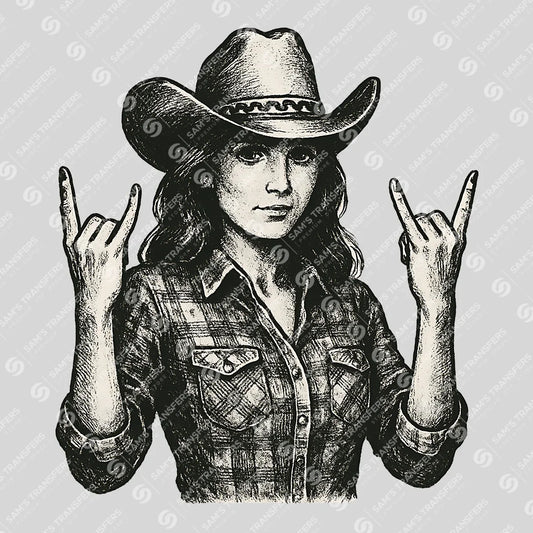 Apparel featuring a Cowgirl Rock On-themed DTF transfer.