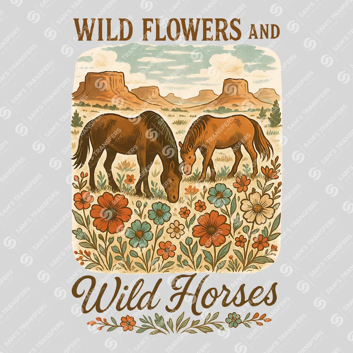 Apparel featuring a Wildflowers and Wild Horses-themed DTF transfer.