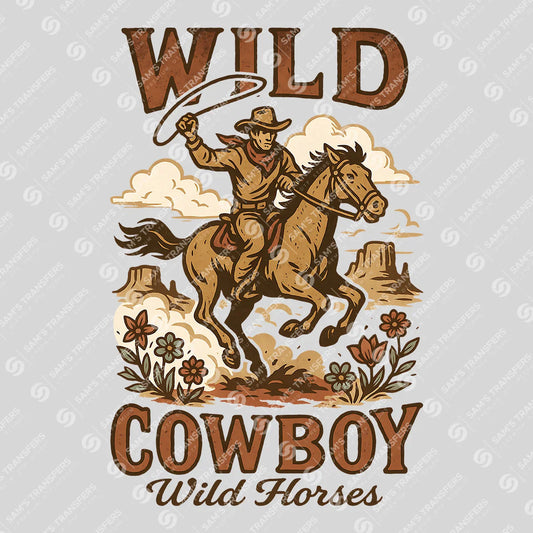 Apparel featuring a Wild Cowboy Wild Horses-themed DTF transfer.