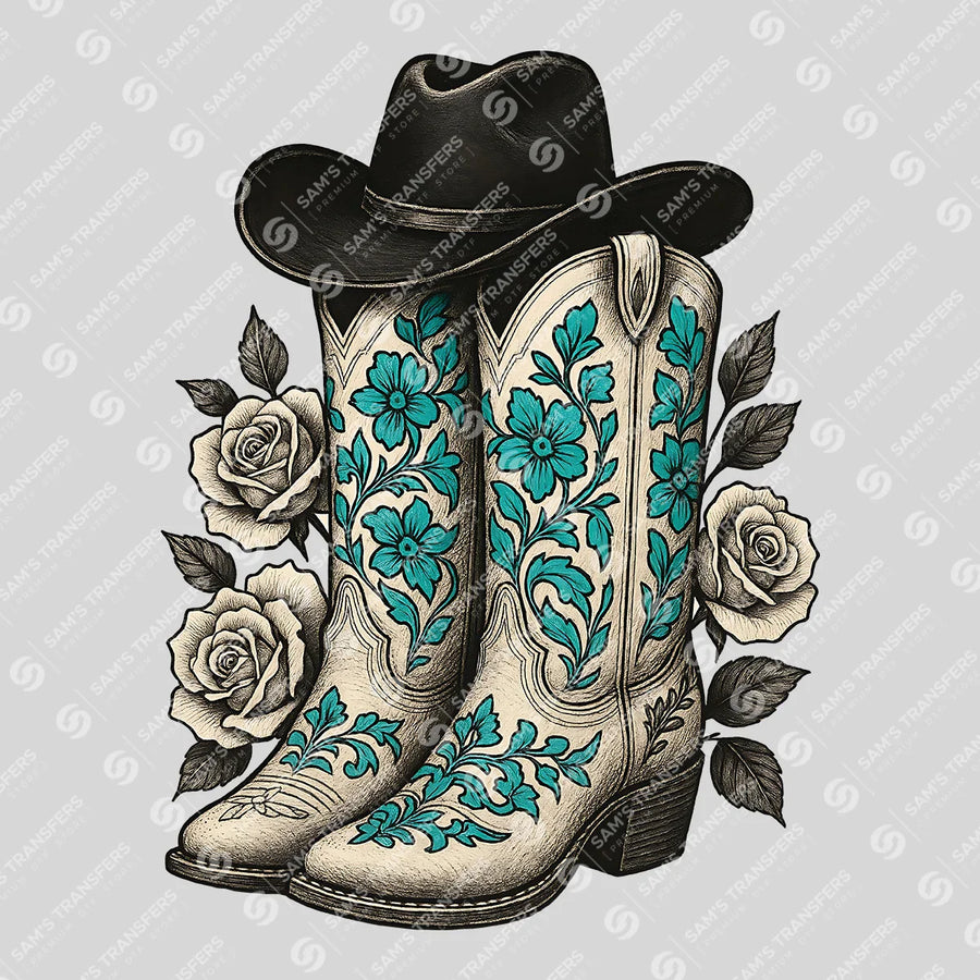 Turquoise Floral Boots Ready-to-Press DTF Transfer | SAT08062