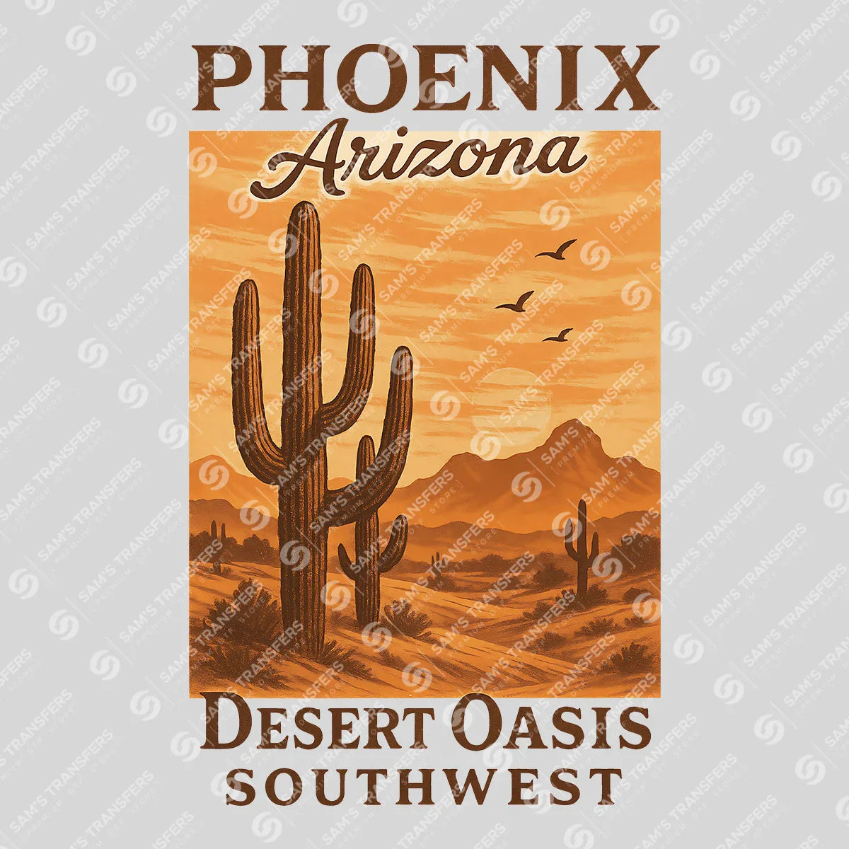 Apparel featuring a Phoenix Arizona Desert Oasis-themed DTF transfer.