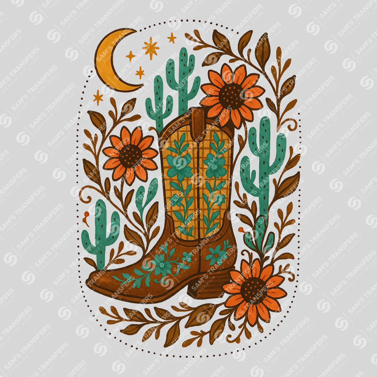 Apparel featuring a Boho Boots Sunflowers-themed DTF transfer.