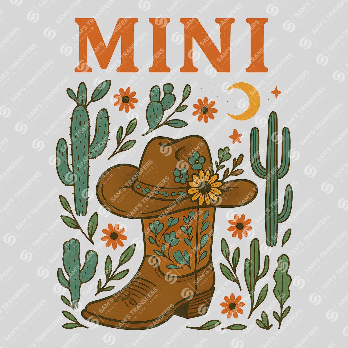 Apparel featuring a Mini Boho Boot Cactus-themed DTF transfer.