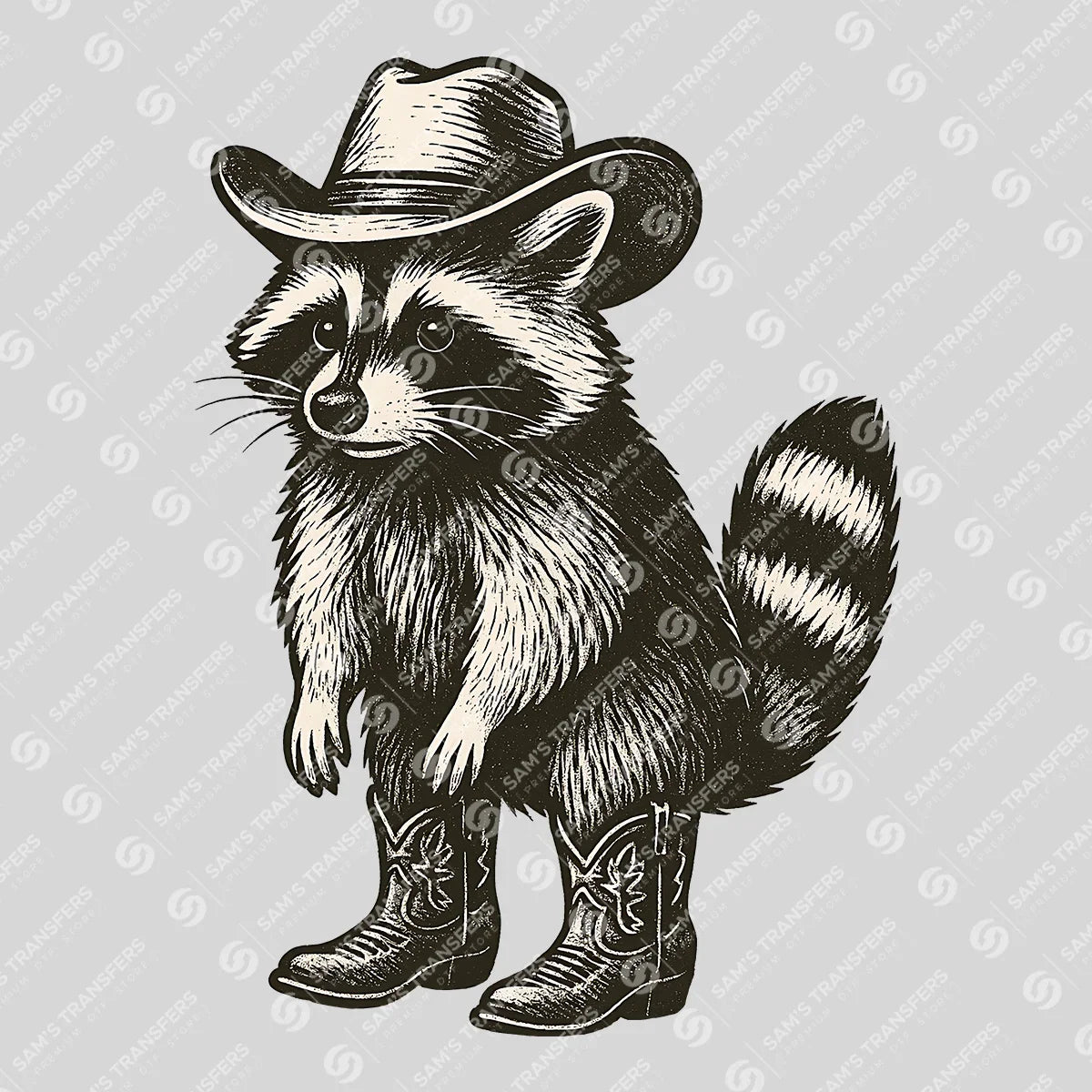 Apparel featuring a Cowboy Raccoon-themed DTF transfer.