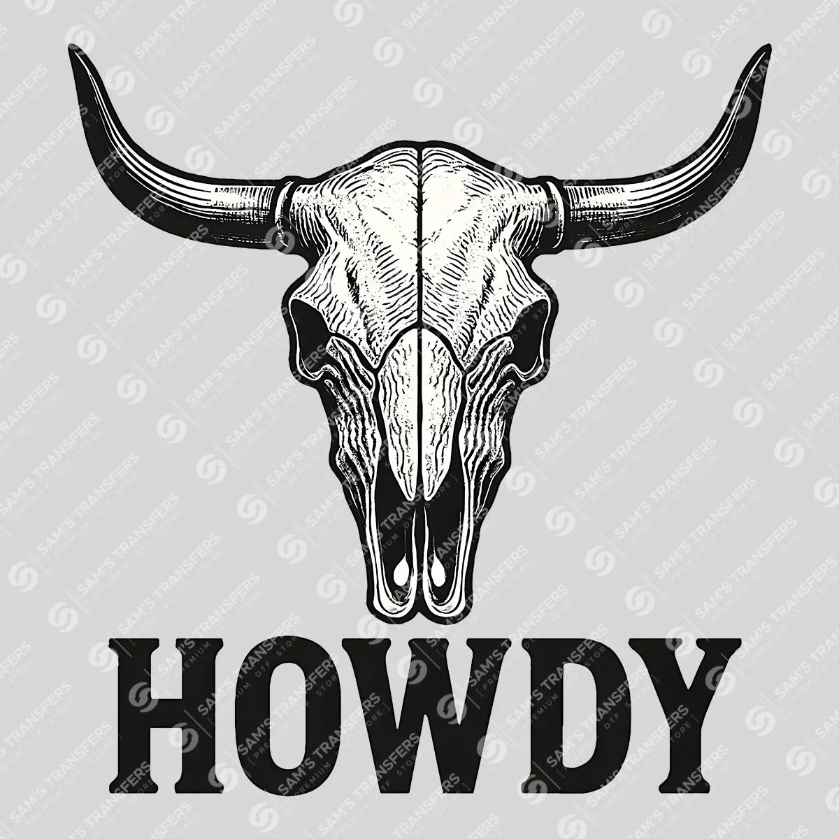 Apparel featuring a Howdy Bull Skull-themed DTF transfer.