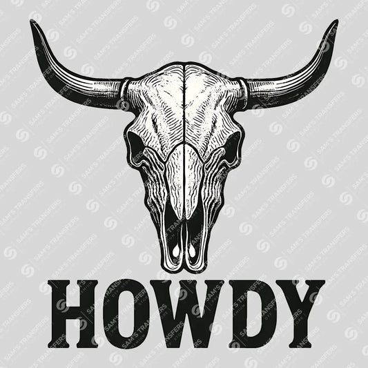 Apparel featuring a Howdy Bull Skull-themed DTF transfer.