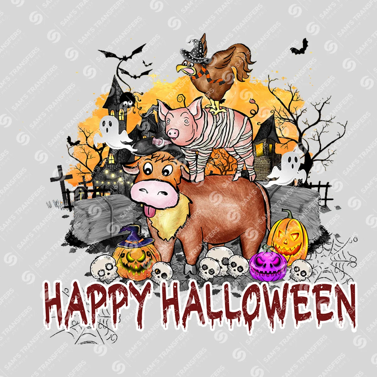 Apparel featuring a Happy Halloween Farm Animals-themed DTF transfer.
