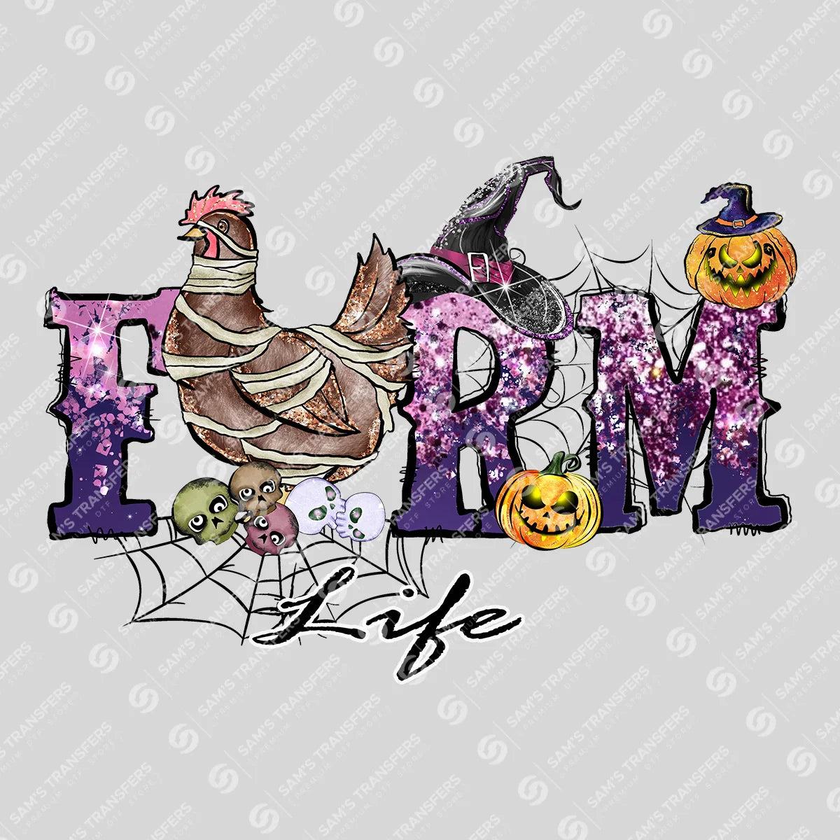 Apparel featuring a Farm Life Halloween-themed DTF transfer.