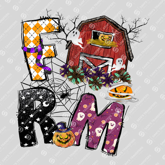 Apparel featuring a Farm Halloween Barn-themed DTF transfer.