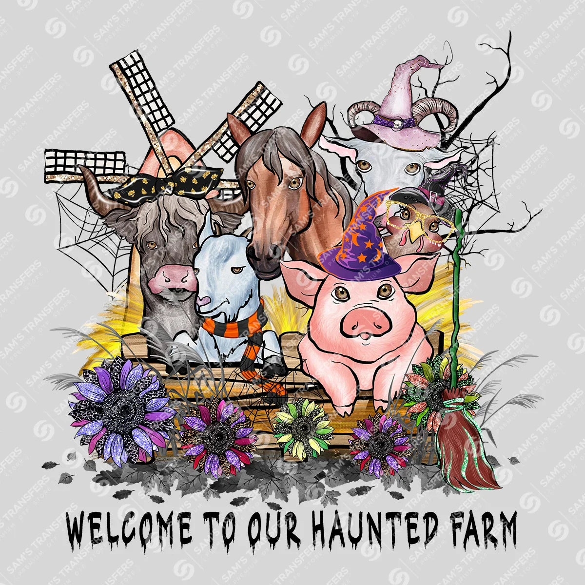 Apparel featuring a Welcome to Our Haunted Farm-themed DTF transfer.