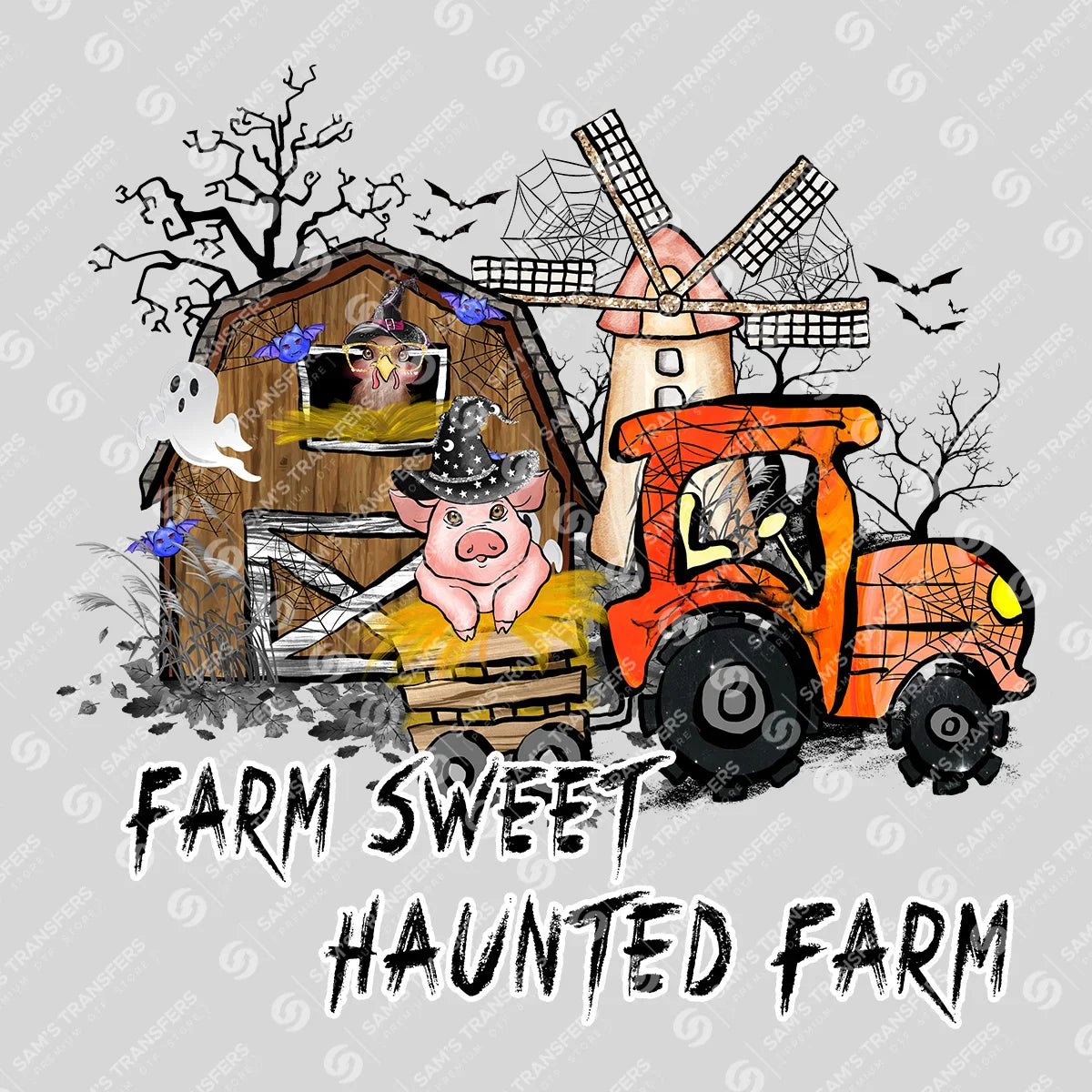 Apparel featuring a Farm Sweet Haunted Farm-themed DTF transfer.