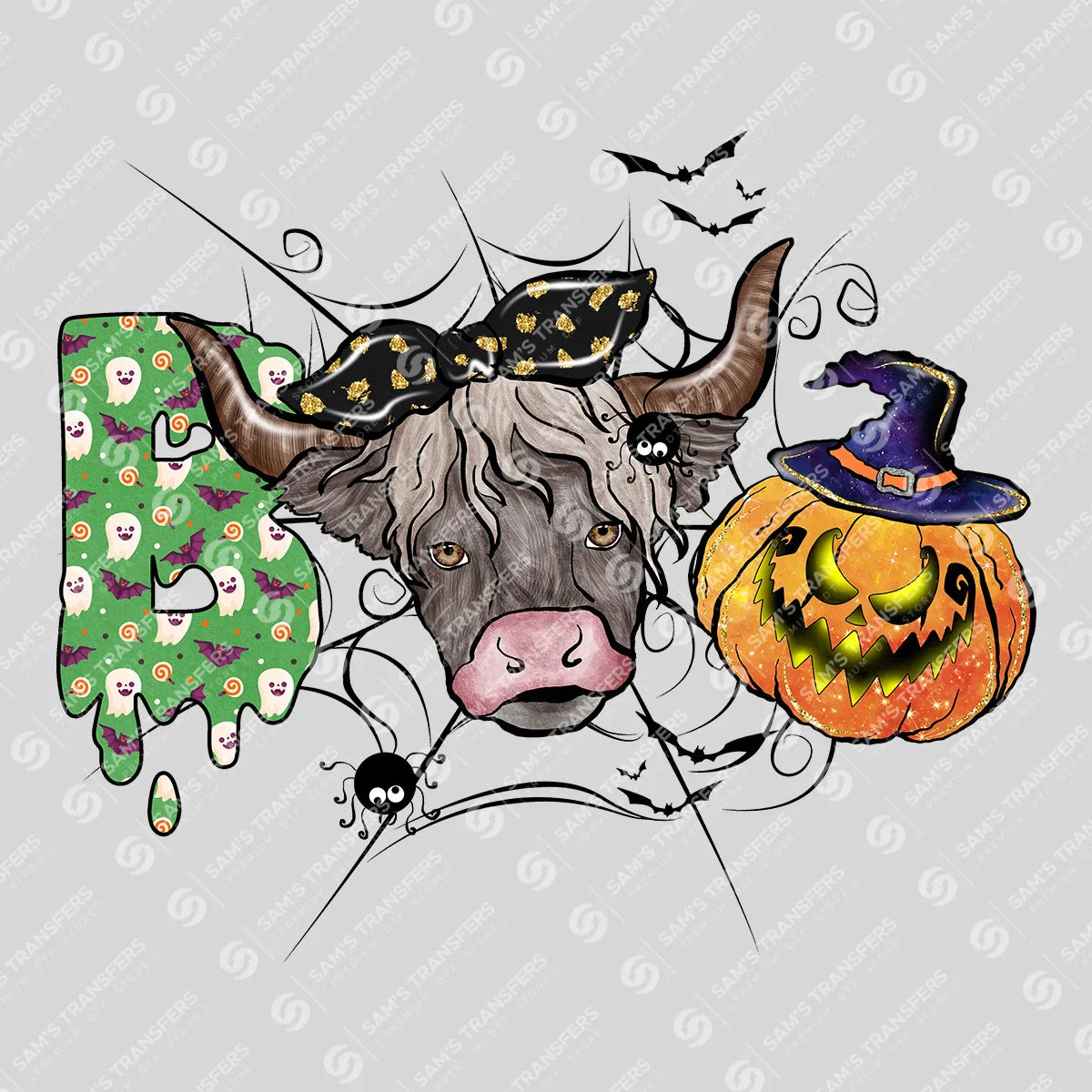 Apparel featuring a Boo Highland Cow-themed DTF transfer.