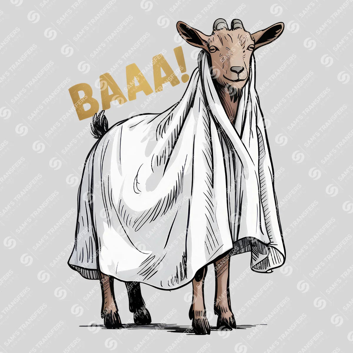 Apparel featuring a Baaa Ghost Goat-themed DTF transfer.