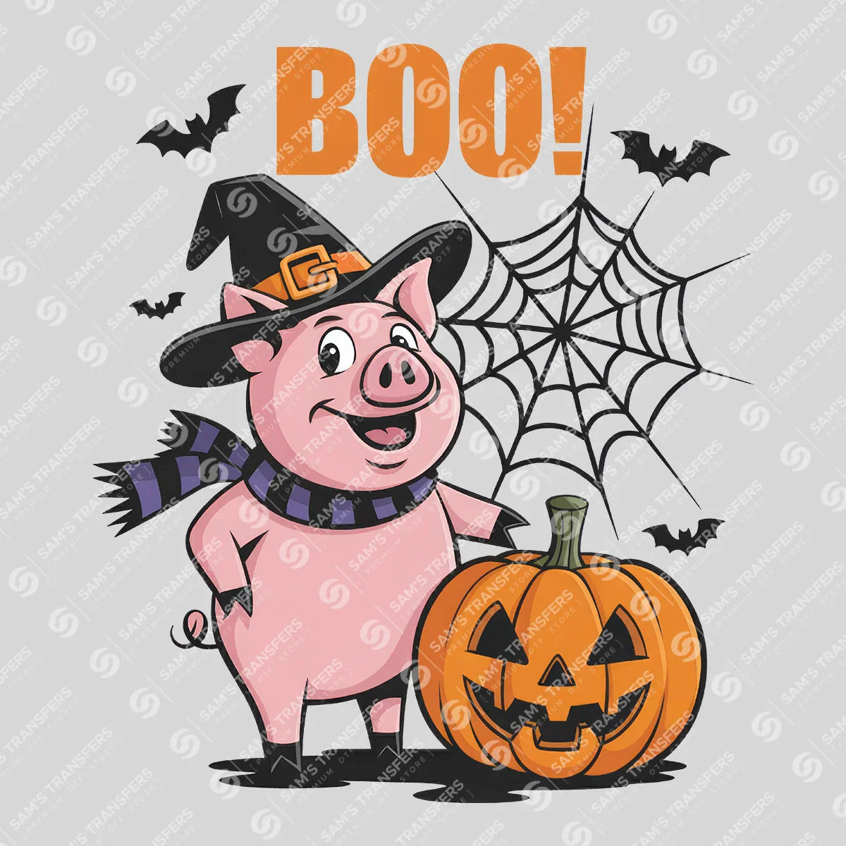 Apparel featuring a Boo Witch Pig-themed DTF transfer.