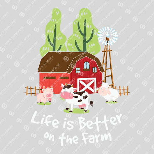 Apparel featuring a Life Is Better on the Farm-themed DTF transfer.