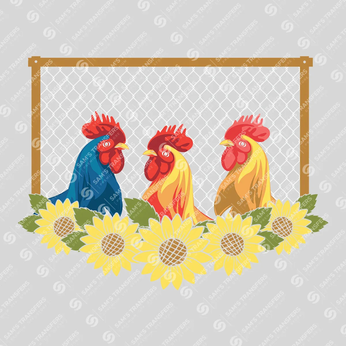 Apparel featuring a Roosters and Sunflowers-themed DTF transfer.