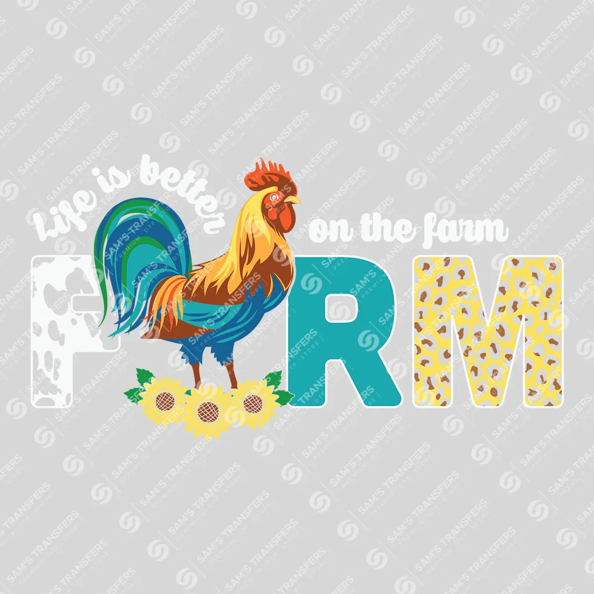Apparel featuring a Life Is Better on the Farm Rooster-themed DTF transfer.
