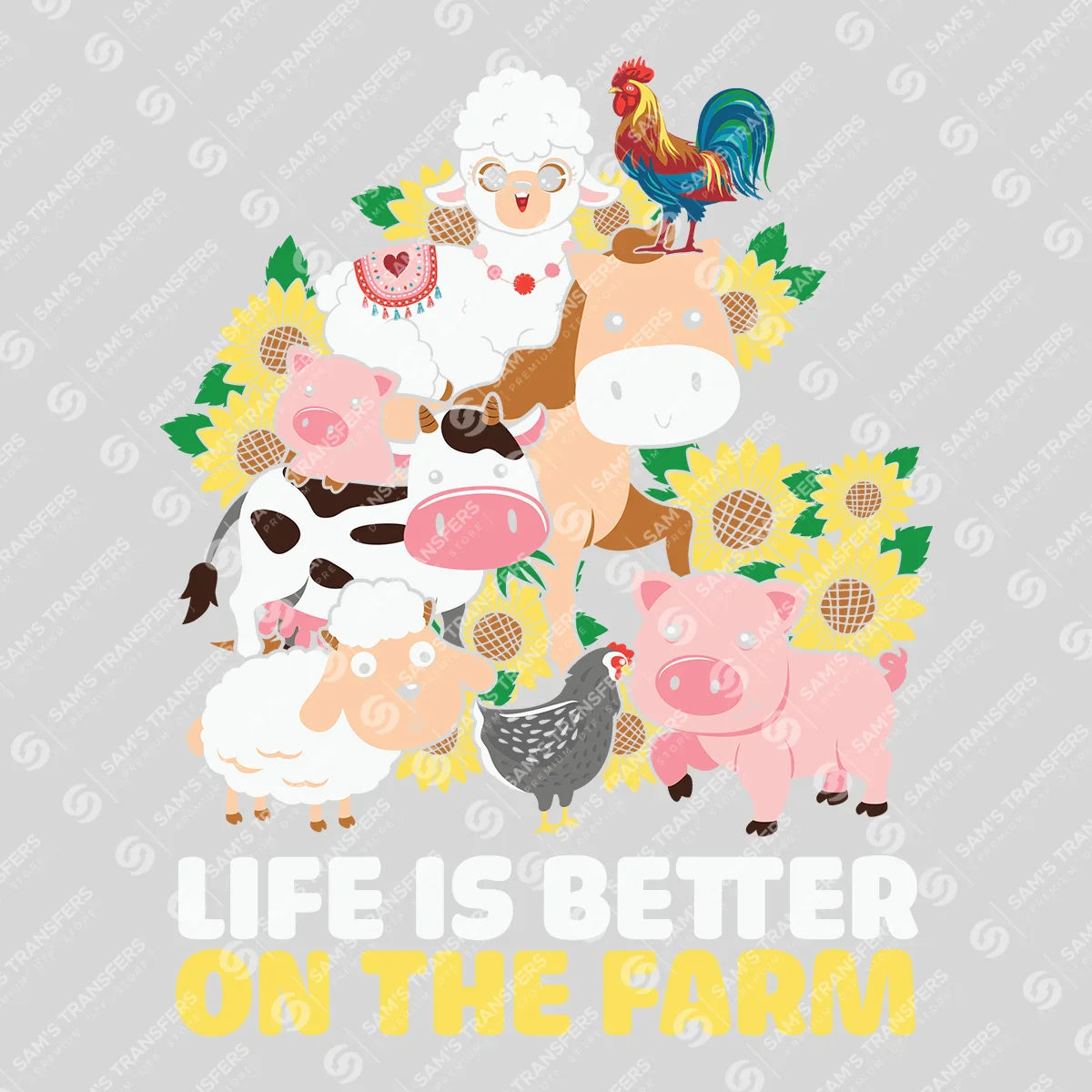 Apparel featuring a Life Is Better on the Farm Animals-themed DTF transfer.