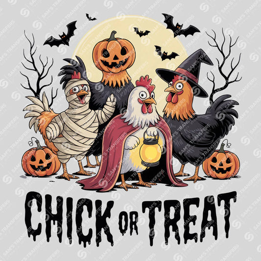 Apparel featuring a Chick or Treat Spooky Roosters-themed DTF transfer.