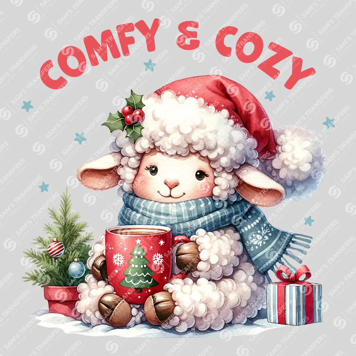 Apparel featuring a Comfy and Cozy Christmas Sheep-themed DTF transfer.
