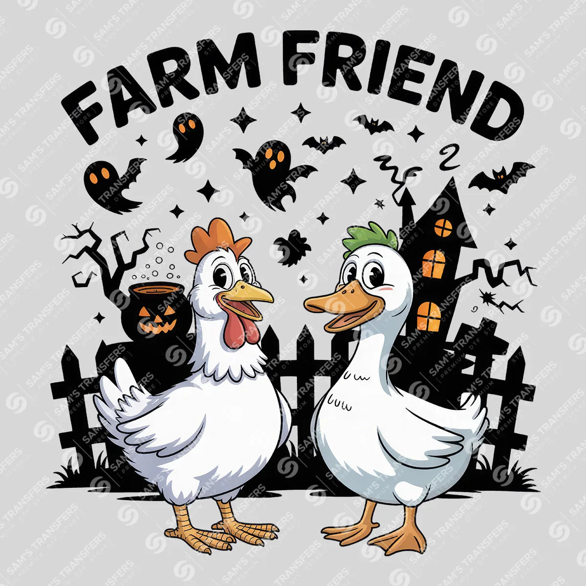 Apparel featuring a Farm Friend Halloween-themed DTF transfer.