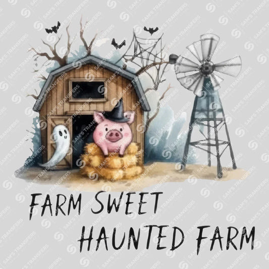 Apparel featuring a Farm Sweet Haunted Farm Barn-themed DTF transfer.
