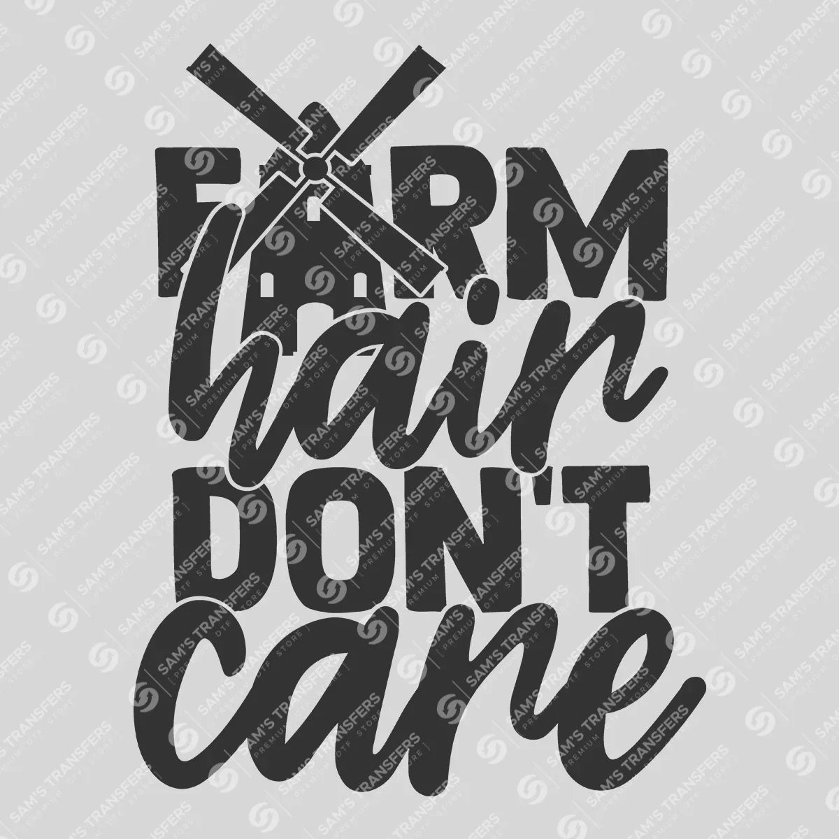 Apparel featuring a Farm Hair Don't Care-themed DTF transfer.