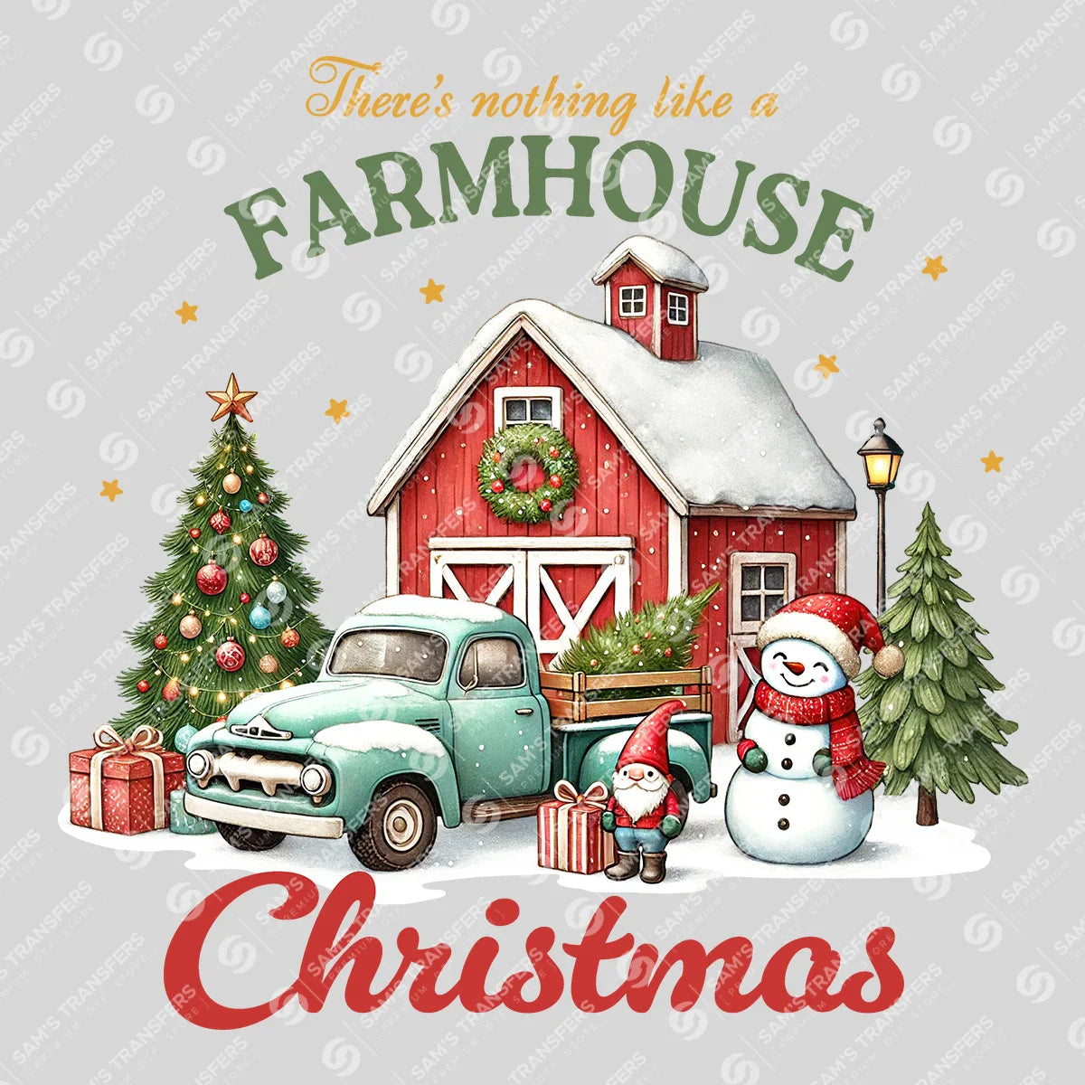 Apparel featuring a Farmhouse Christmas-themed DTF transfer.