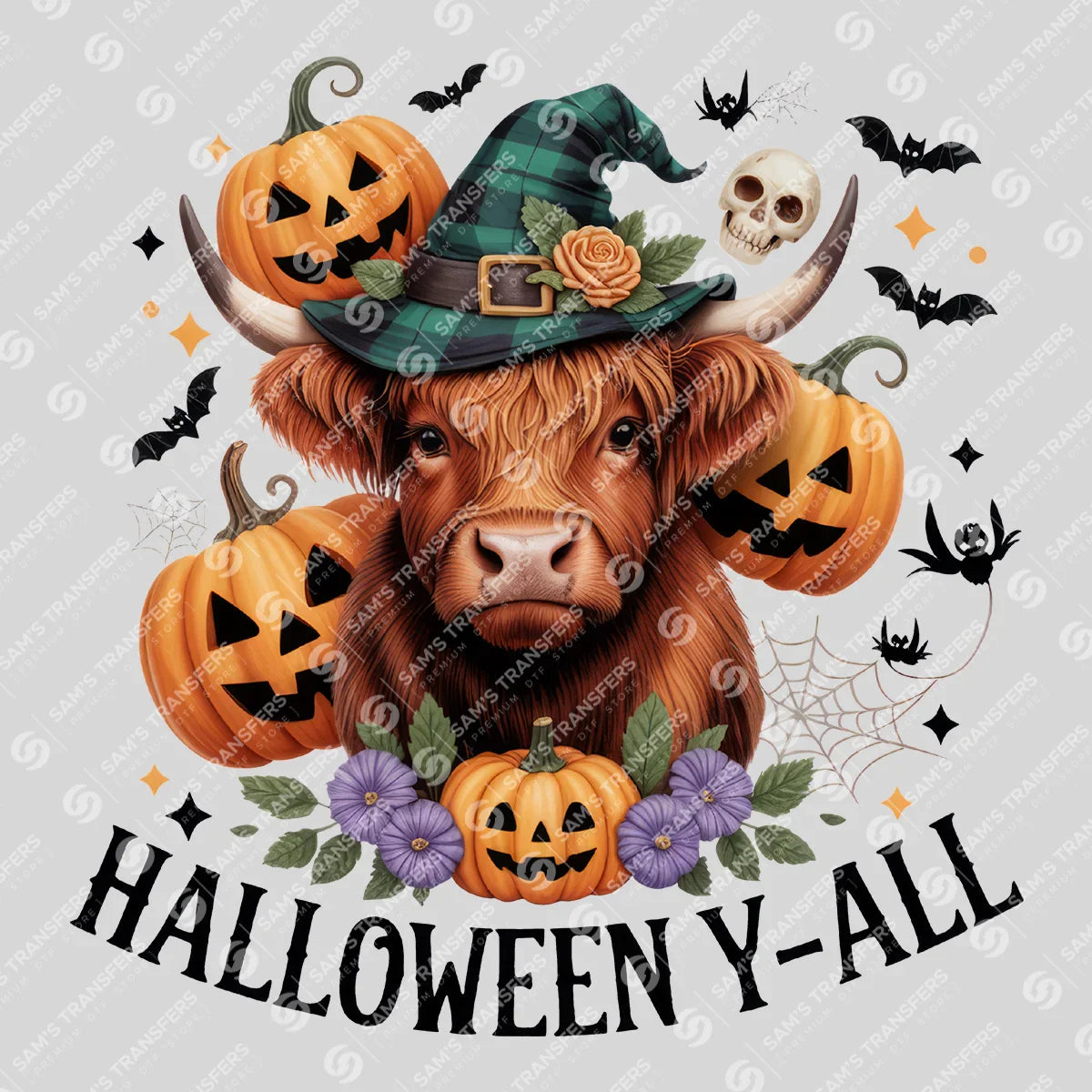 Apparel featuring a Halloween Y'all Highland Cow-themed DTF transfer.
