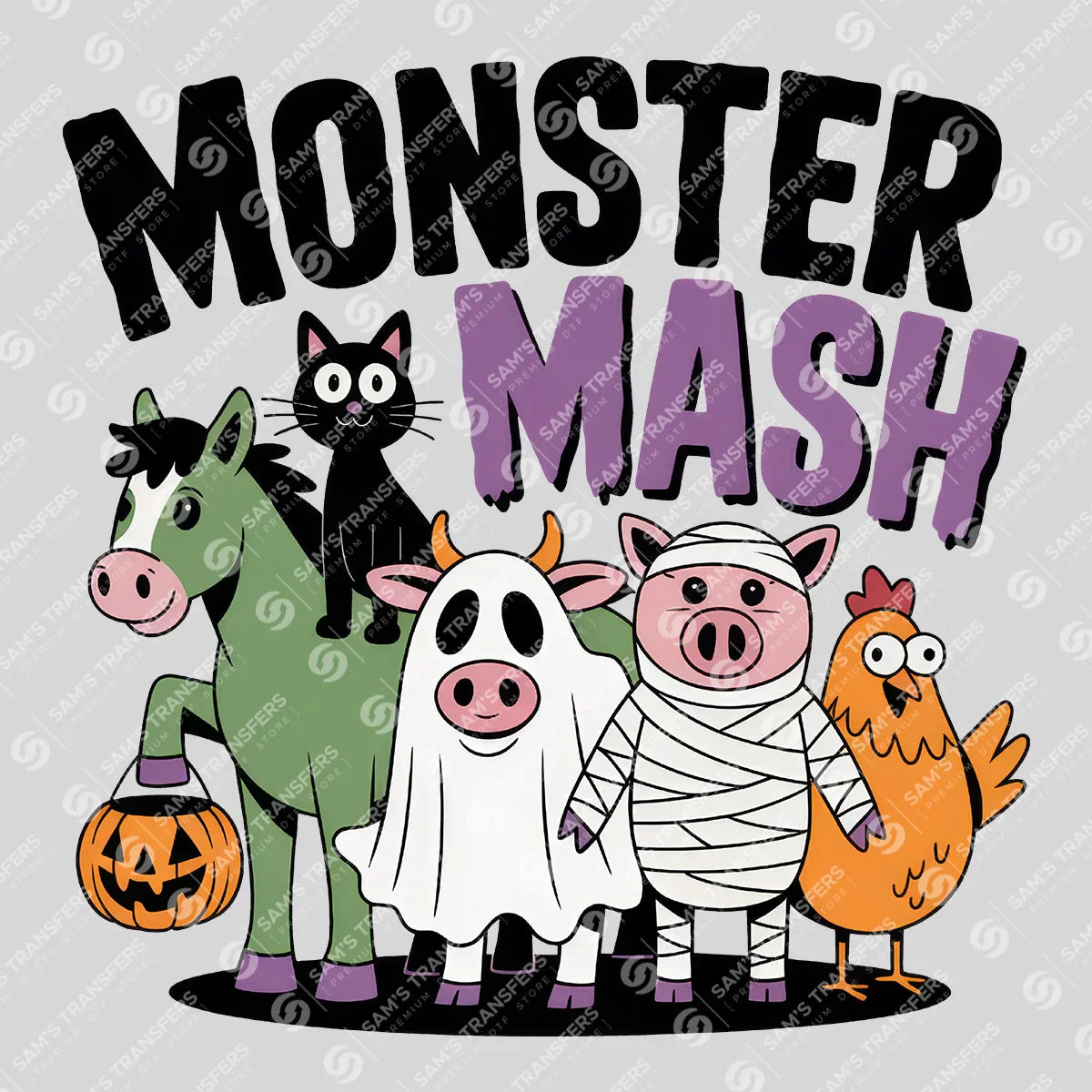 Apparel featuring a Monster Mash Farm Animals-themed DTF transfer.