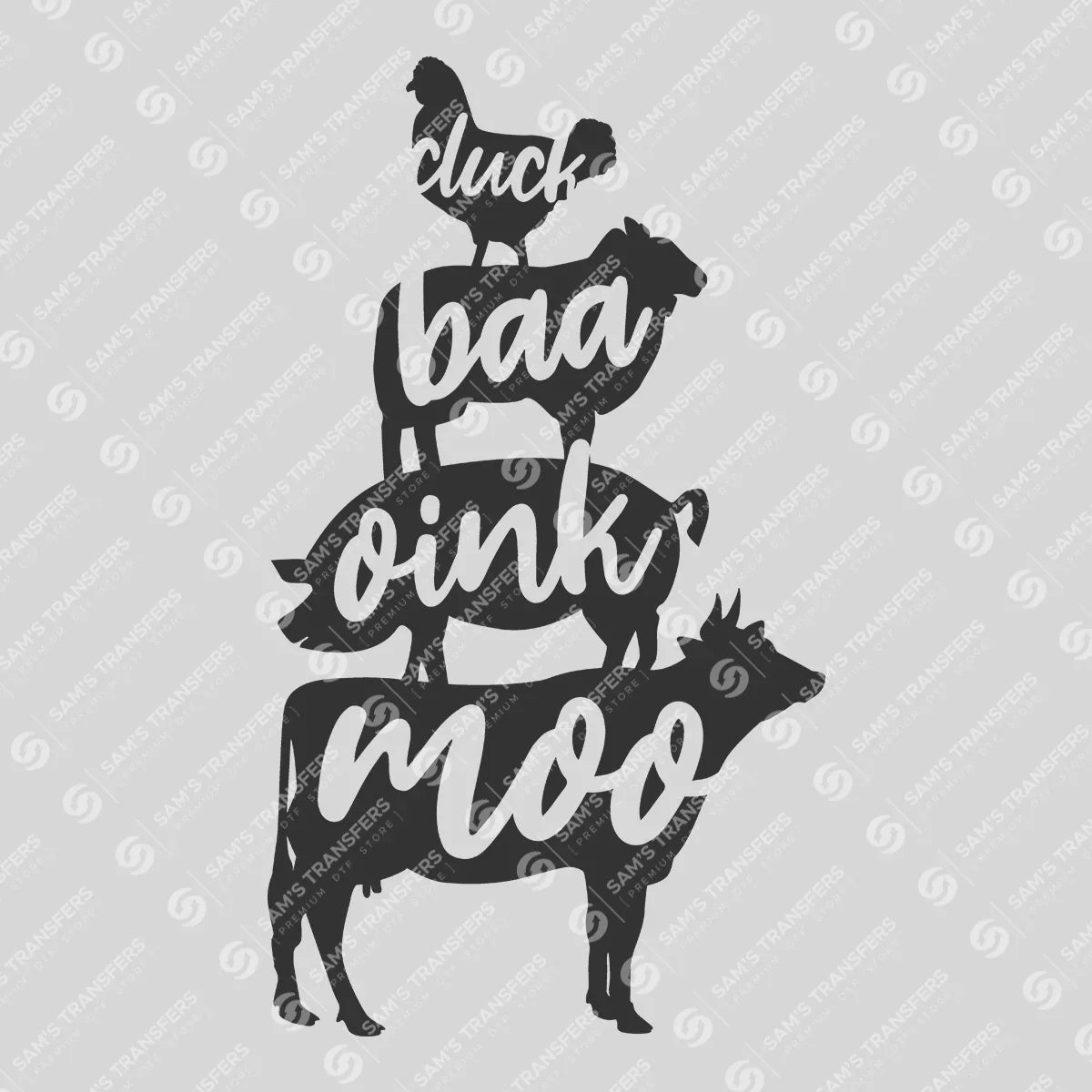 Apparel featuring a Cluck Baa Oink Moo-themed DTF transfer.