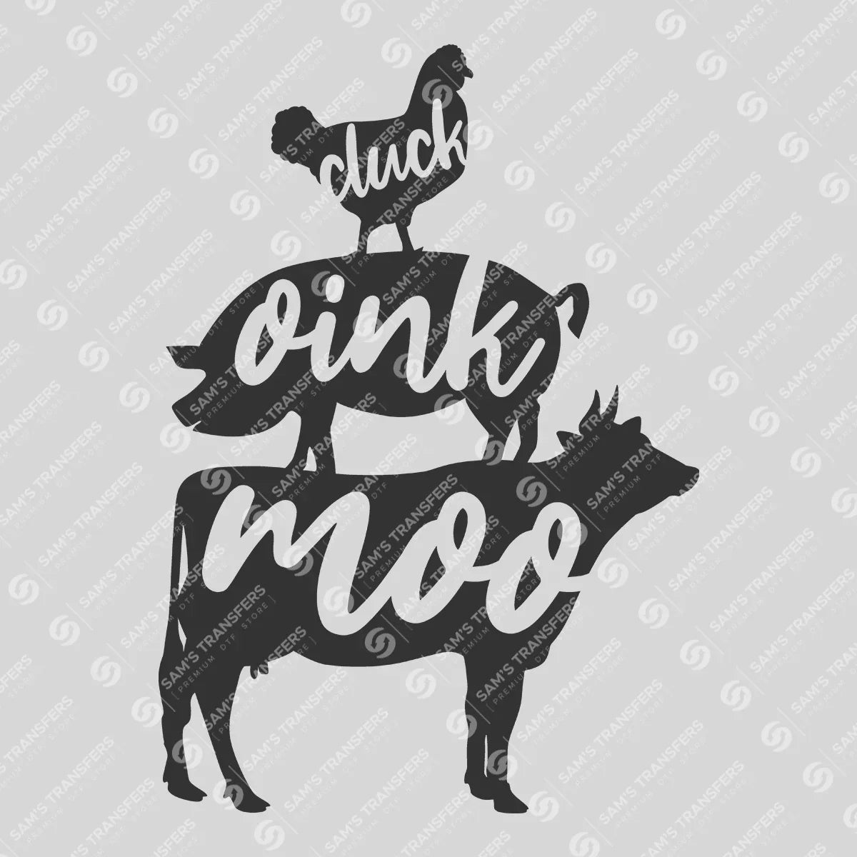 Apparel featuring a Cluck Oink Moo-themed DTF transfer.