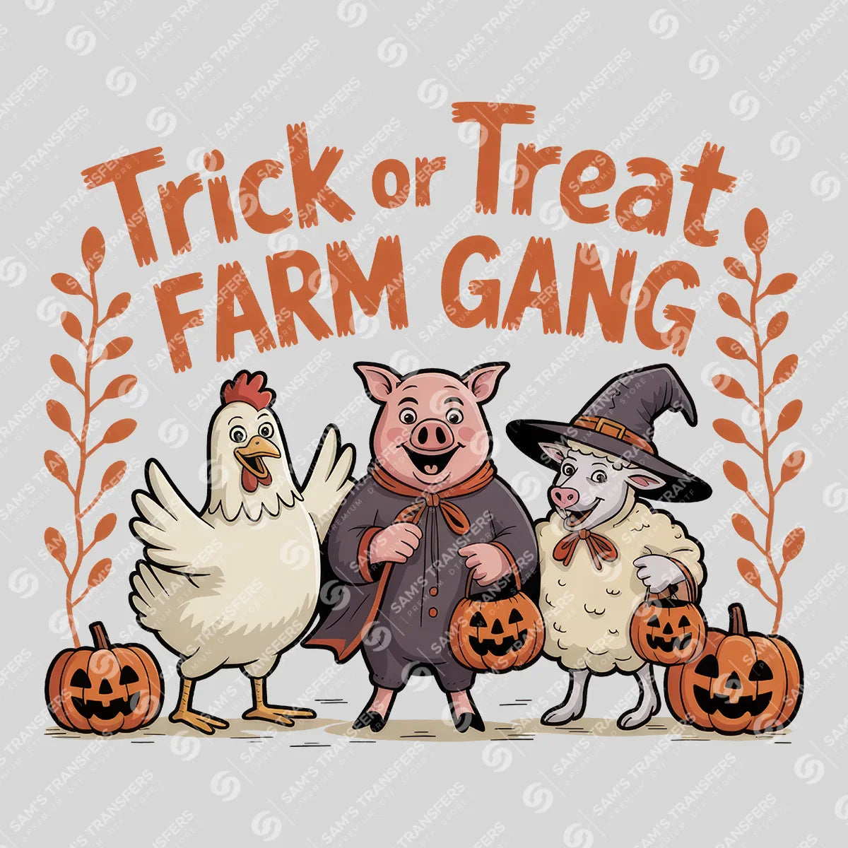 Apparel featuring a Trick Or Treat Farm Gang-themed DTF transfer.
